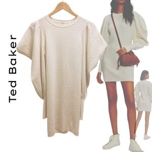 Ted Baker Wool Blend Ivory Mini Dress Draped Oversized Sleeve Pullover Size 2